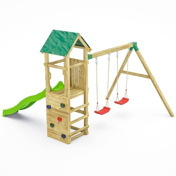 Fungoo Charly Parco giochi in legno da giardino con scivolo, due altalene e parete rocciosa