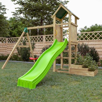 Parco giochi da giardino in legno Fungoo Green Space con Fioriere, Scivolo e Altalene