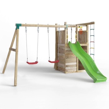 Parco giochi in legno Fungoo Houser con scivolo, due altalene e casetta